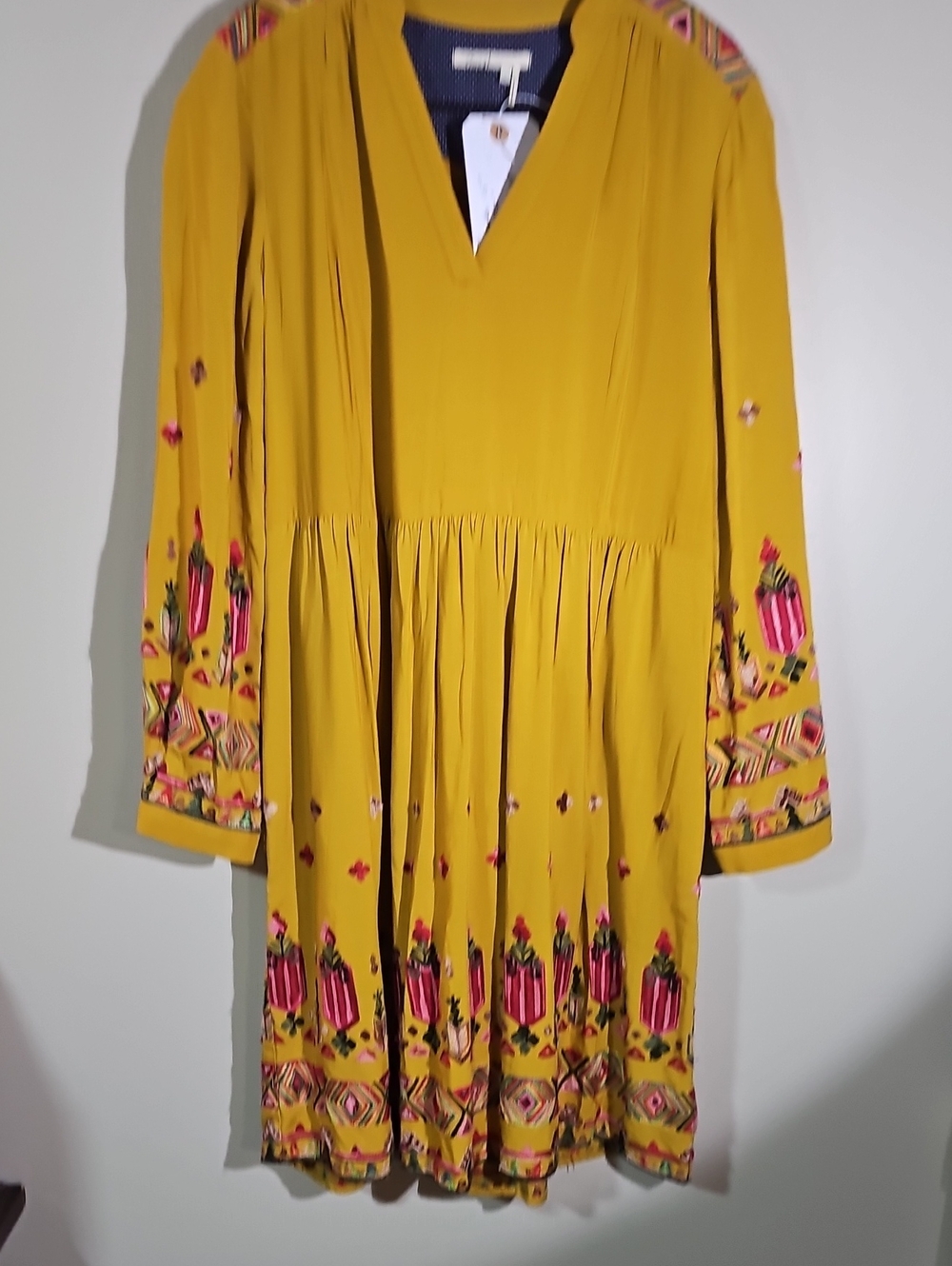 Floreat Long Sleeve V Neck Embroidered Dress.  Size S